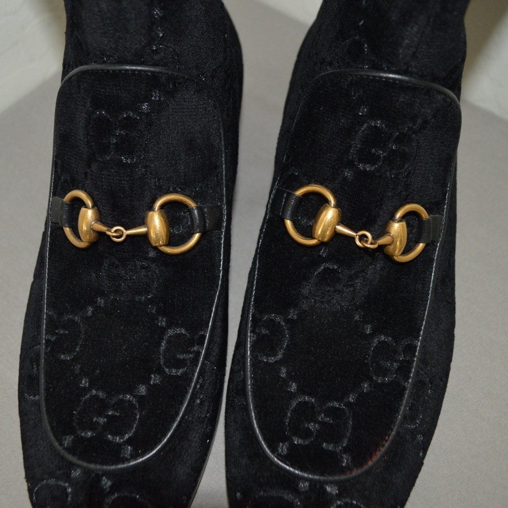 Gucci 'Mister GG' Monogram Velvet Horsebit With Rhinestone Black Boots SZ 37.5 - Picture 4 of 14
